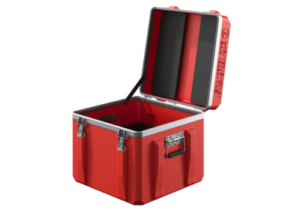 Gefahrgutbehälter aus Kunststoff in Farbe Rot offen